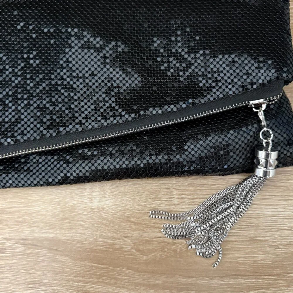 Black mesh chain beaded retro fold over evening clutch tassel party purse bag - Picture 3 of 9